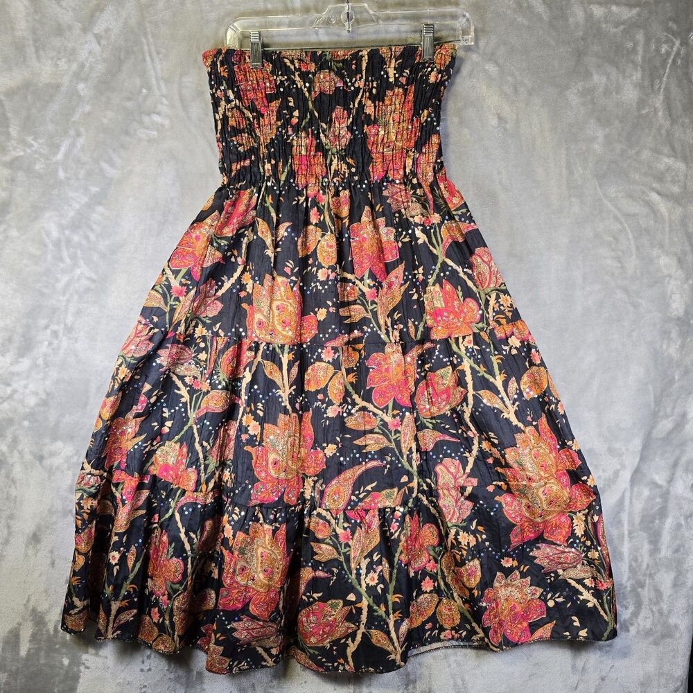 Ingear Midi Skirt Womens S-M Black Paisley Sequins Tiered Smocked Boho Festival